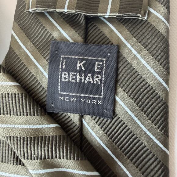 Ike Behar New York Silk Cotton Striped Tie Olive Brown Ribbed Necktie - Picture 5 of 10